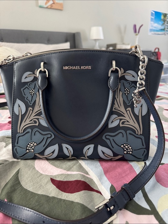Michael Kors Handbags - Michael Kors Navy Floral Applique Satchel with Gray and Tan Accents